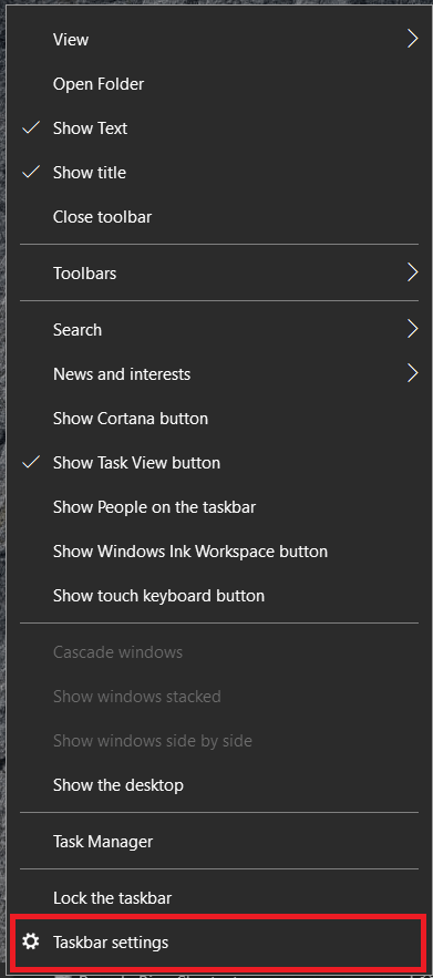 Настройки на лентата на задачите на Windows