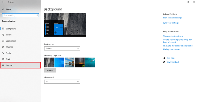 Halaman pengaturan Personalisasi Windows