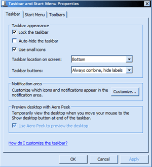Настройки на лентата на задачите на Windows 7